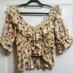 Free People Floral Smocked Puff Sleeve Blouse - Size Small